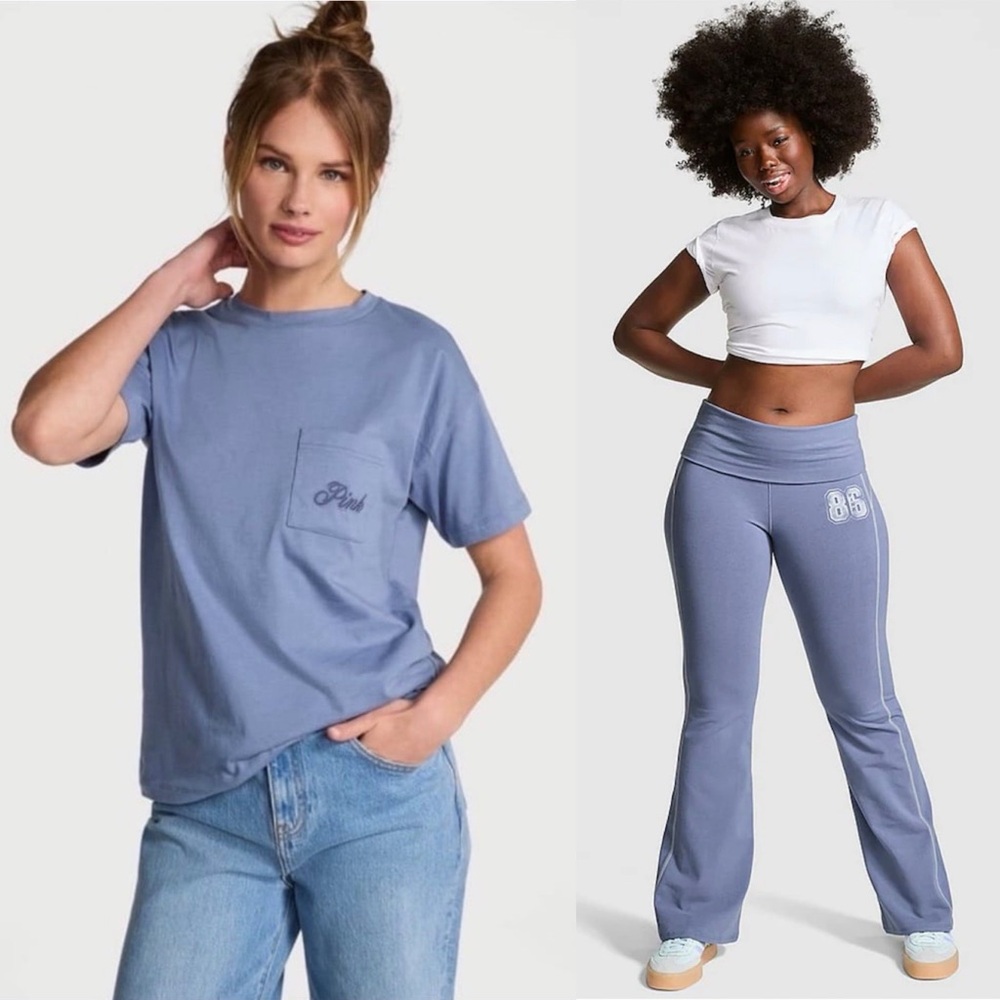 VS PINK Perfect Tee & y2k Look Foldover Flare Leggings In Dusty Iris 2-Piece SET